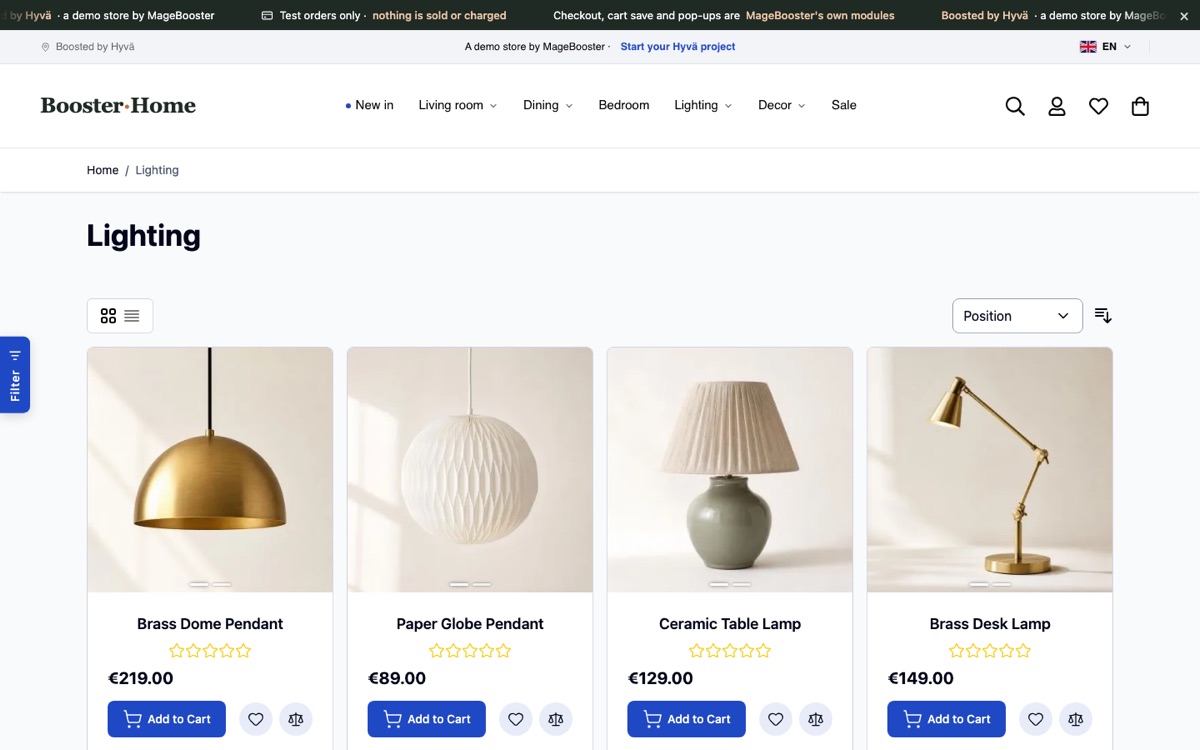 A category page from our Hyvä demo store, built as a child theme on top of the Hyvä default theme.