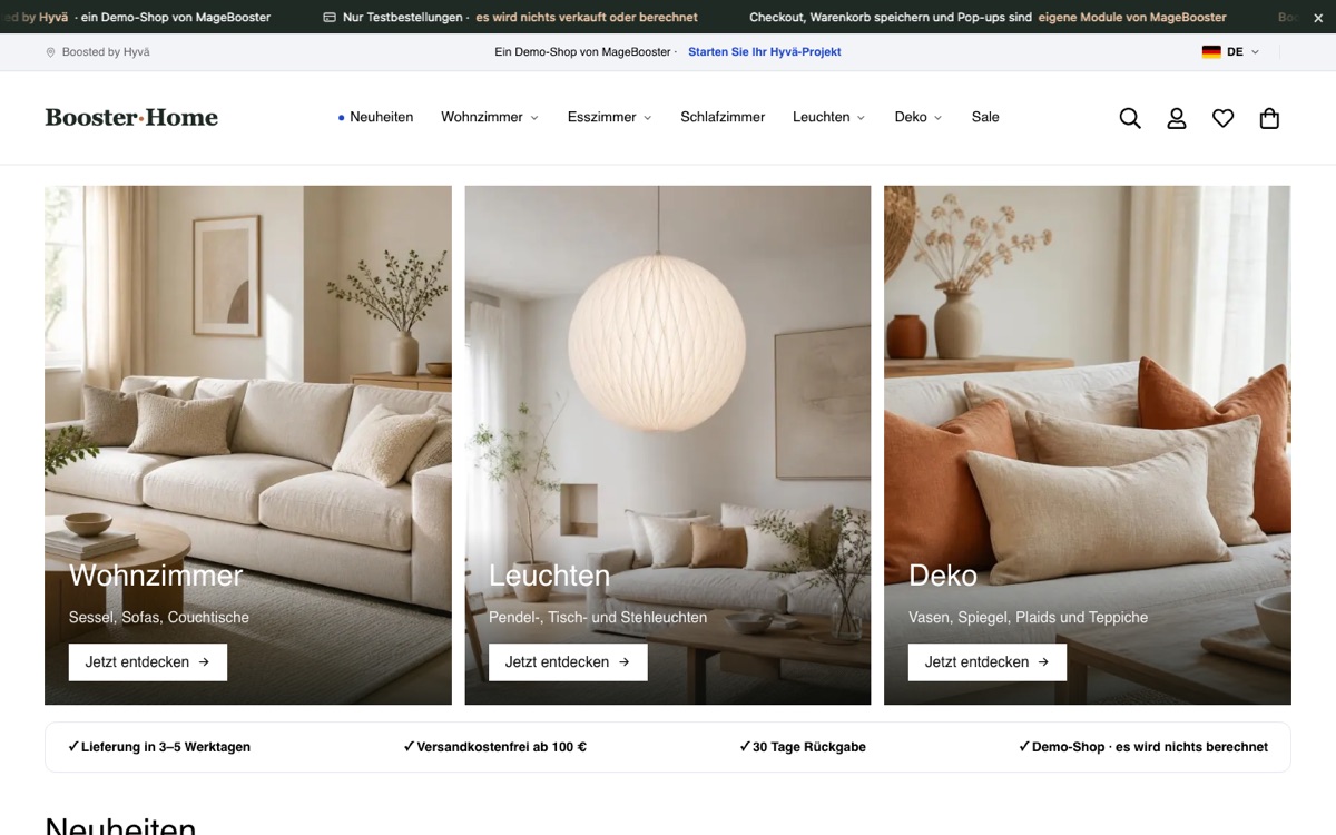 De Duitse store view van onze Hyvä-demowebshop, met de taalkeuze met vlaggen in de header.