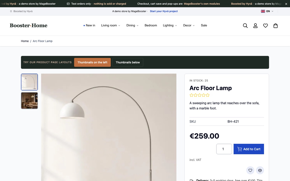 A product page on our Hyvä demo store, where every block runs on Hyvä-ready code.