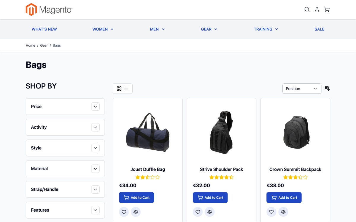 The same Magento category page on Hyvä: about 195 KB in total, against 756 KB on Luma.
