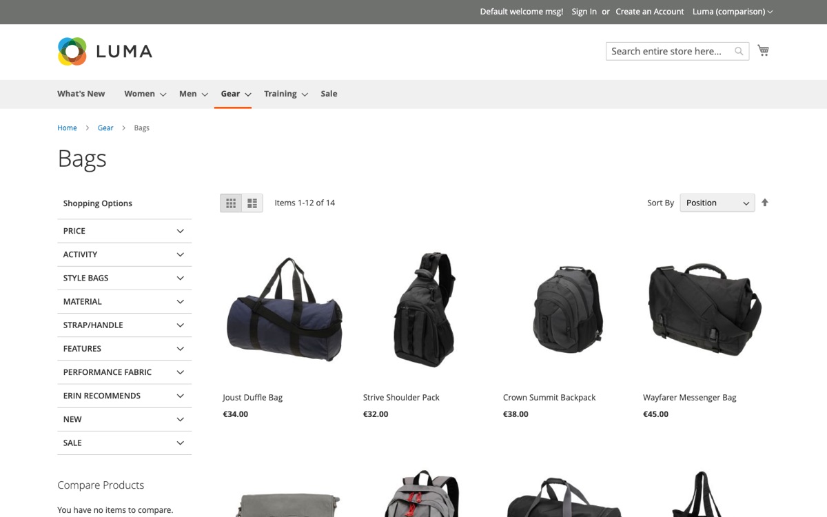The Luma category page we used as the starting point for our comparison.