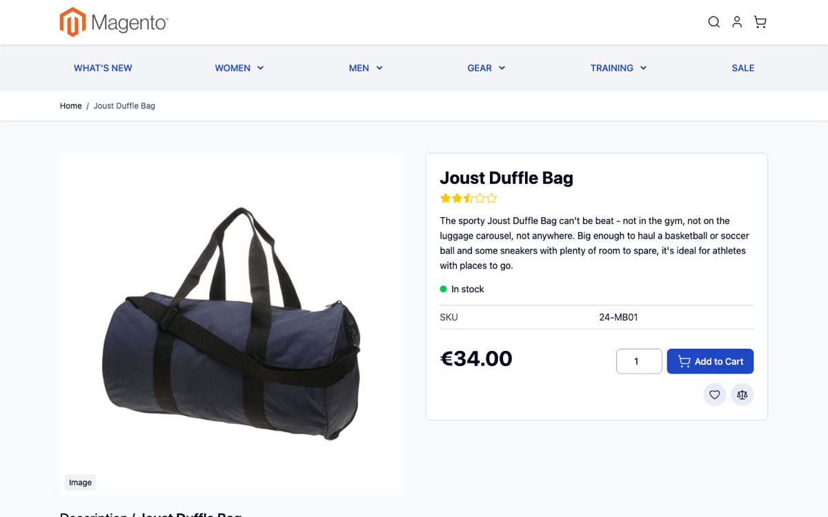 Een Hyvä-productpagina die draait in Magento production mode met gedeployde static content.