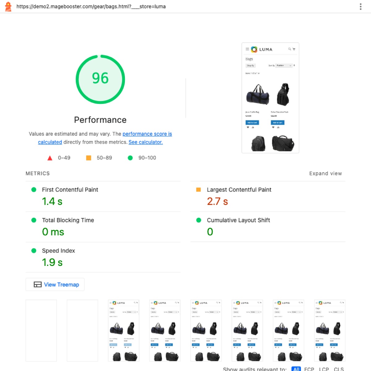A mobile Lighthouse run on the Luma version of the same category page, for comparison.