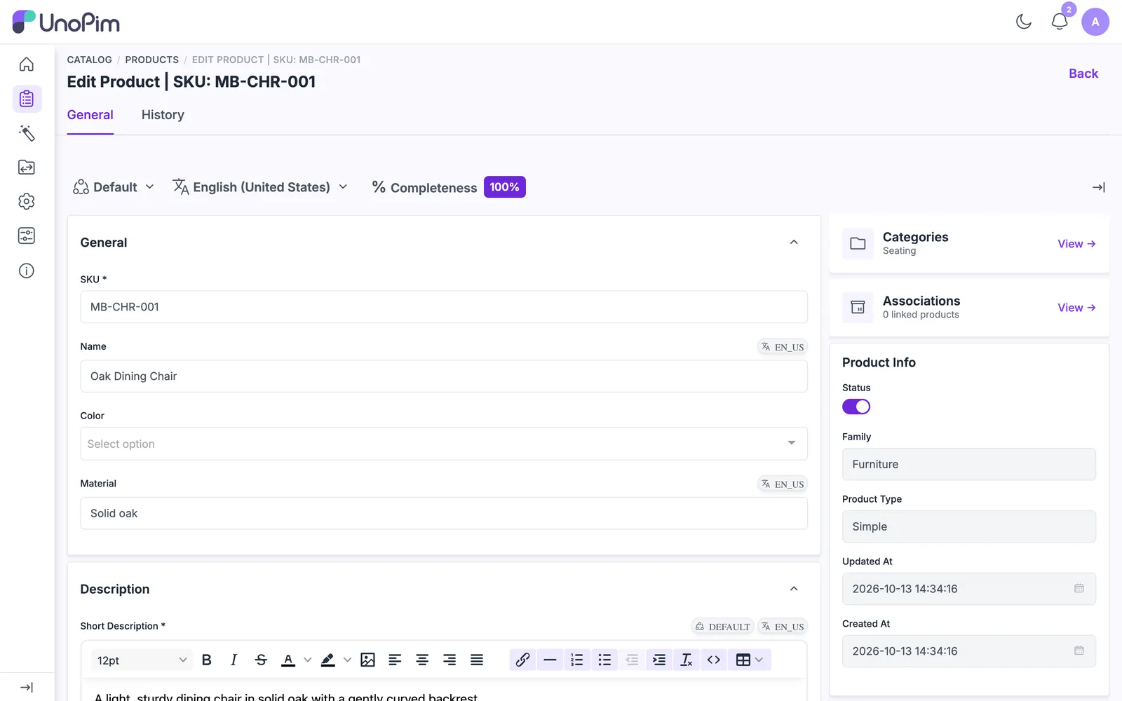 Product edit screen in UnoPim with completeness 100%