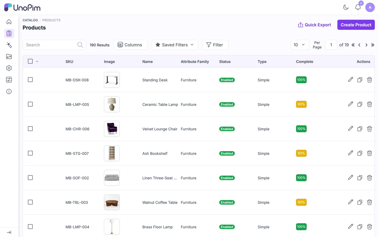 UnoPim product grid with demo furniture products, images and completeness scores